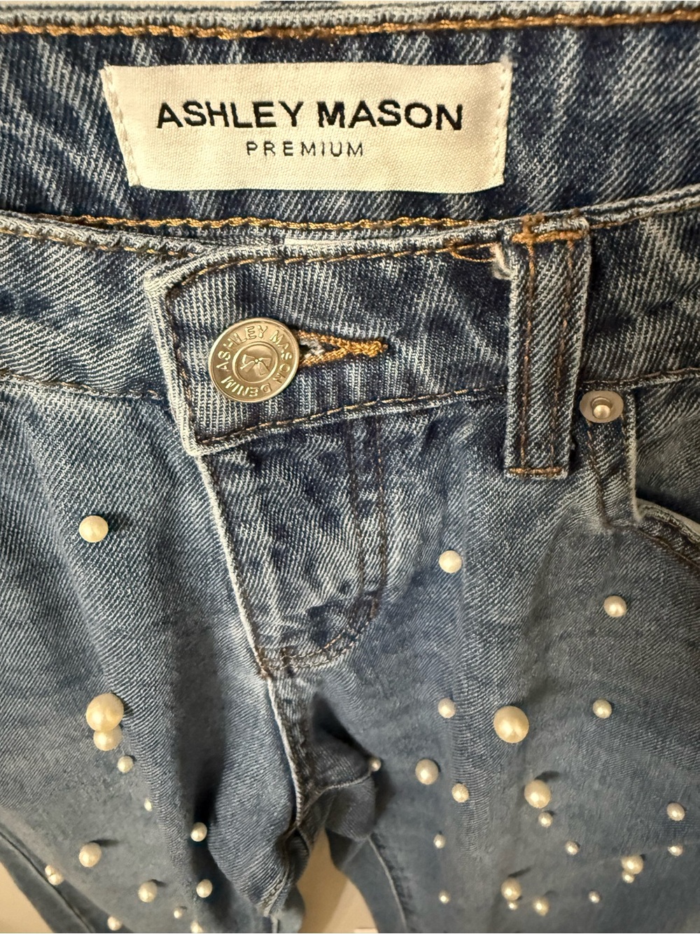 Ashley Mason Denim Skinny Jeans with Pearl Accents